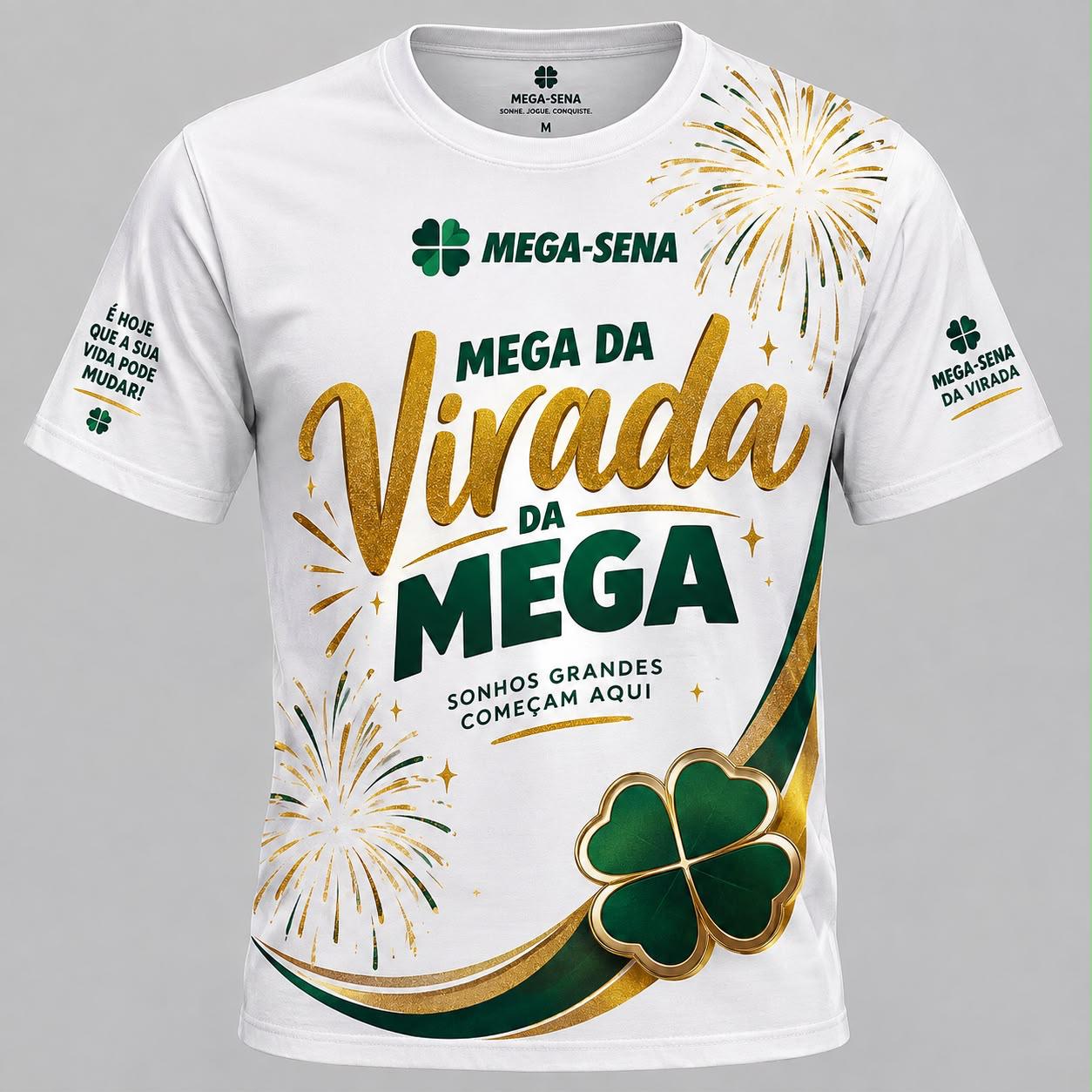 Camiseta Mega da Virada verde e dourada, vista frontal